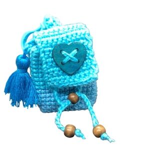 Handmade Crochet Mini Bag Keychain – Blue Colorblock, with Heart Button & Tassel
